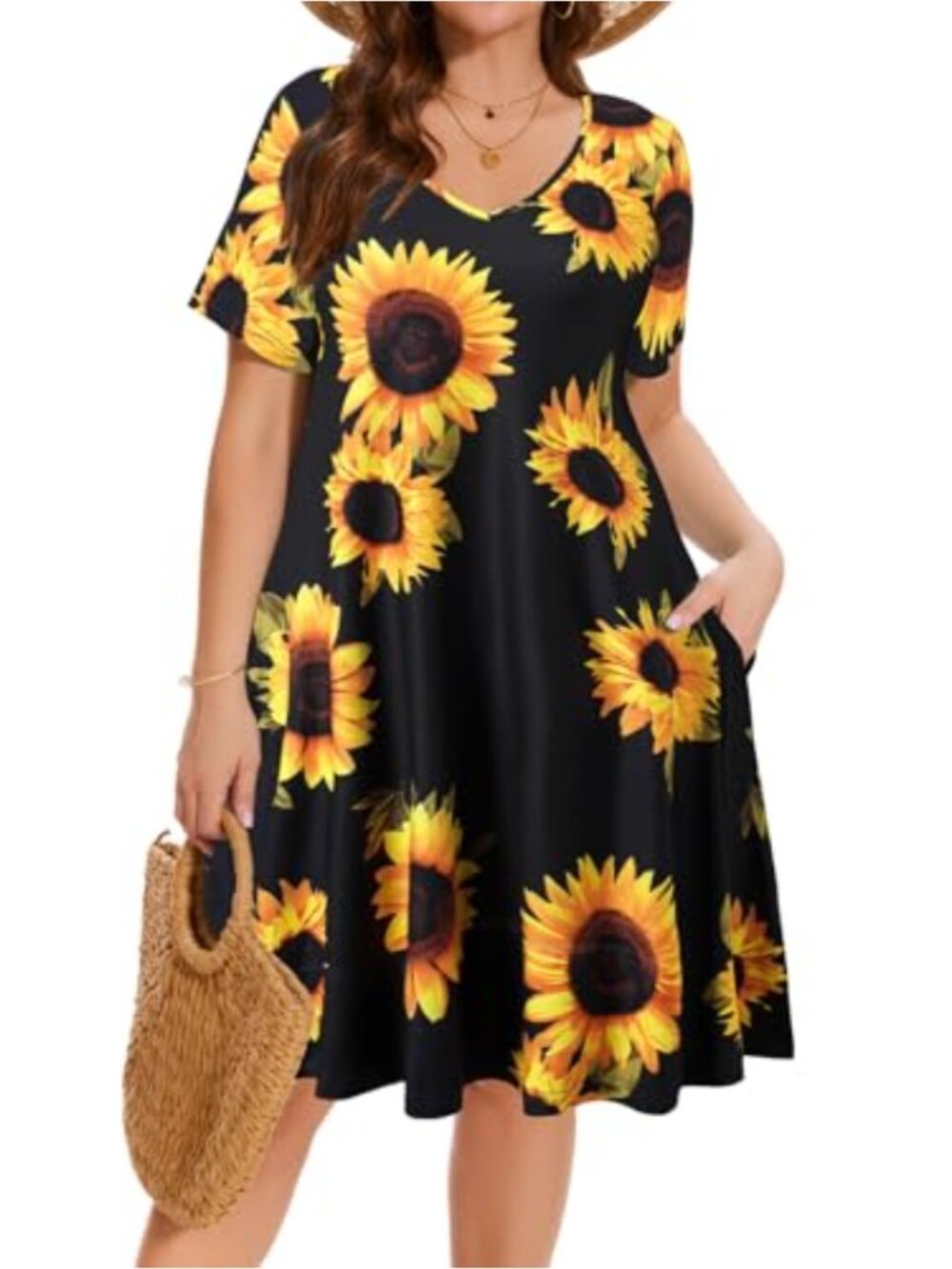 Plus Size Swing Dress V-Neck Short Sleeve Casual Summer Midi with Pockets